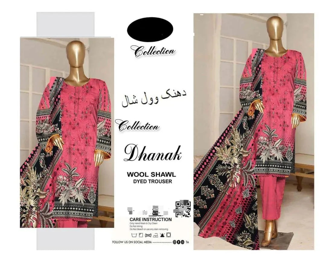 Dhanak Embroidered 3 Pcs Women's Unstitched Suit