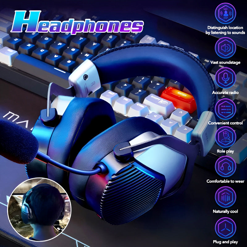 GH601 Machenike 7.1 Surround Sound RGB Gaming Wired USB Headset with Noise-Canceling Microphone, 50mm Drivers, Mute Option, and Software Support