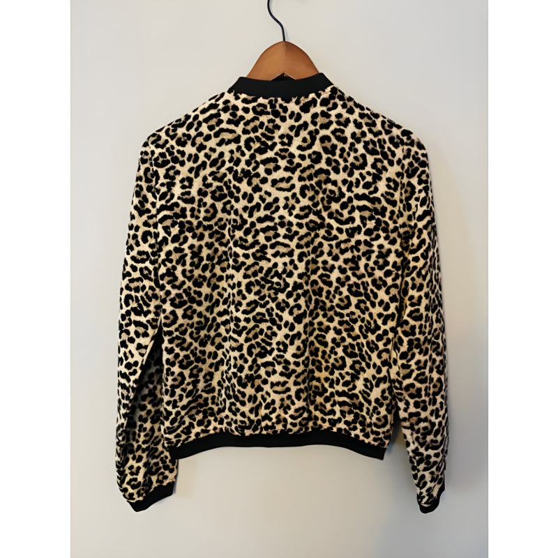 Stylish Leopard-Printed Velvet Zipper Bomber Jacket