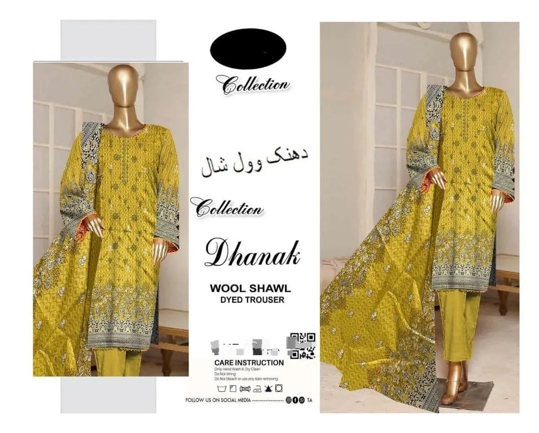 Dhanak Embroidered 3 Pcs Women's Unstitched Suit