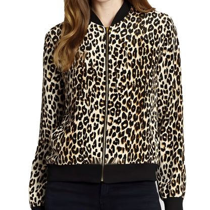 Stylish Leopard-Printed Velvet Zipper Bomber Jacket