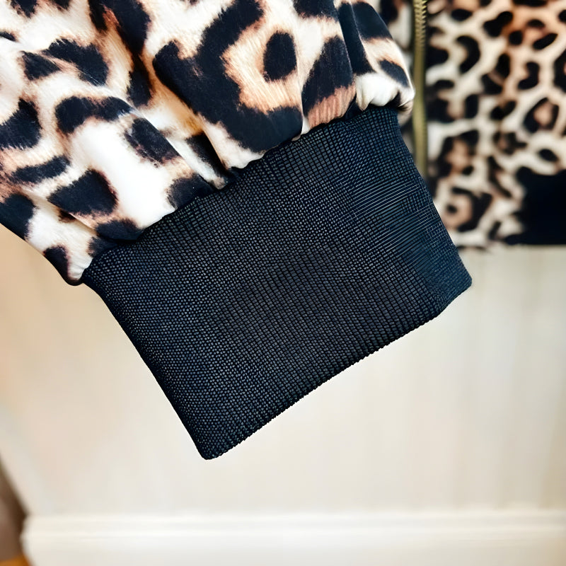 Stylish Leopard-Printed Velvet Zipper Bomber Jacket