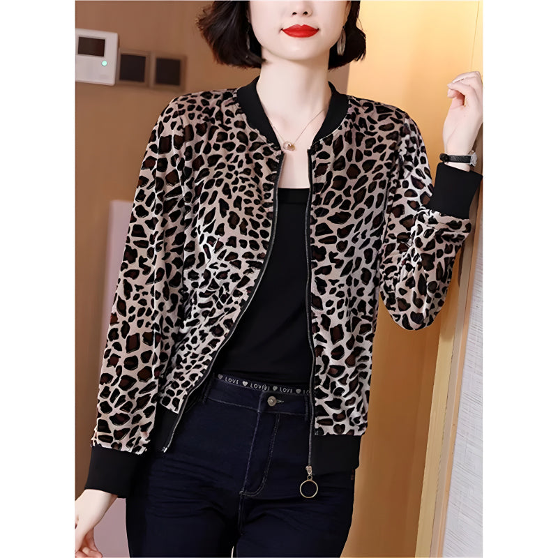 Stylish Leopard-Printed Velvet Zipper Bomber Jacket