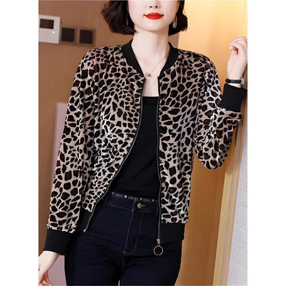 Stylish Leopard-Printed Velvet Zipper Bomber Jacket